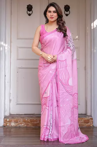 Elegant floral printed satin georgette saree with attached blouse