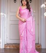 Elegant floral printed satin georgette saree with attached blouse