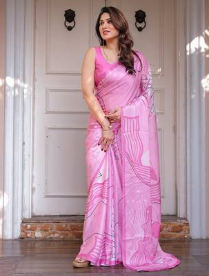 Elegant floral printed satin georgette saree with attached blouse 2