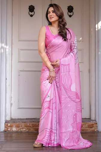 Elegant floral printed satin georgette saree with attached blouse