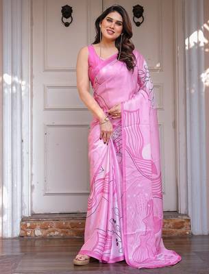 Elegant floral printed satin georgette saree with attached blouse 3