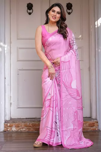 Elegant floral printed satin georgette saree with attached blouse