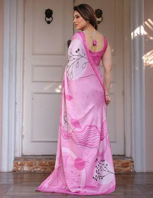 Elegant floral printed satin georgette saree with attached blouse 4