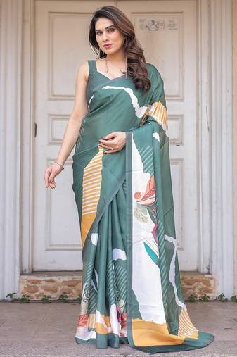 Designer satin georgette floral print saree for women with blouse
