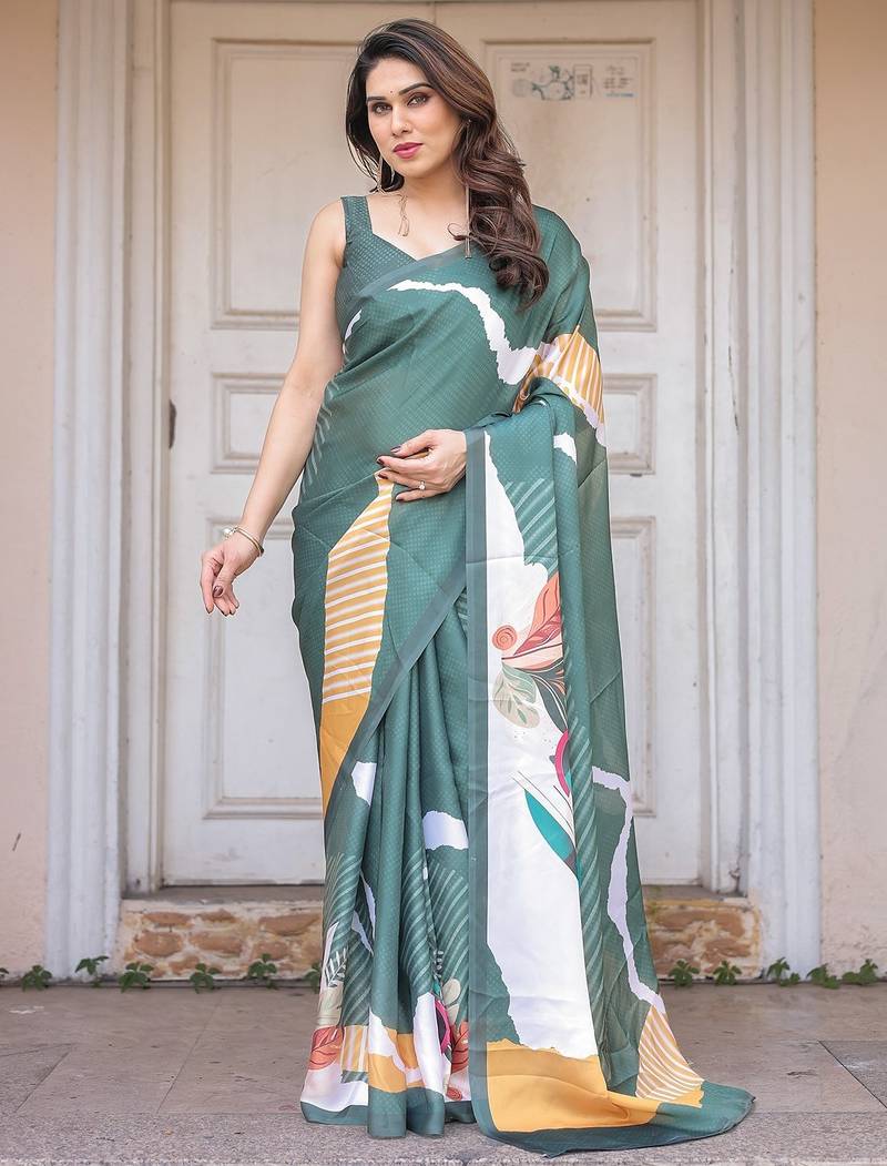 Designer satin georgette floral print saree for women with blouse