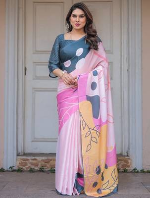 Stylish floral pattern satin georgette saree with blouse piece 1