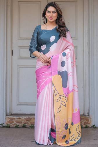 Stylish floral pattern satin georgette saree with blouse piece