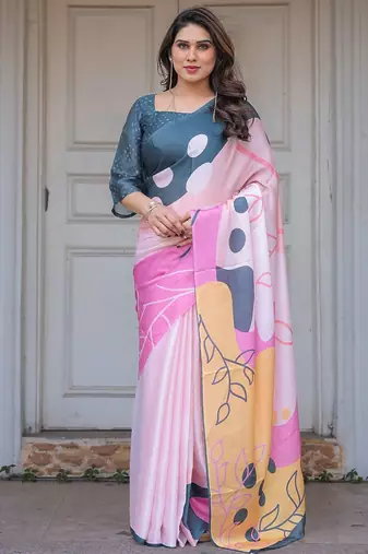 Stylish floral pattern satin georgette saree with blouse piece