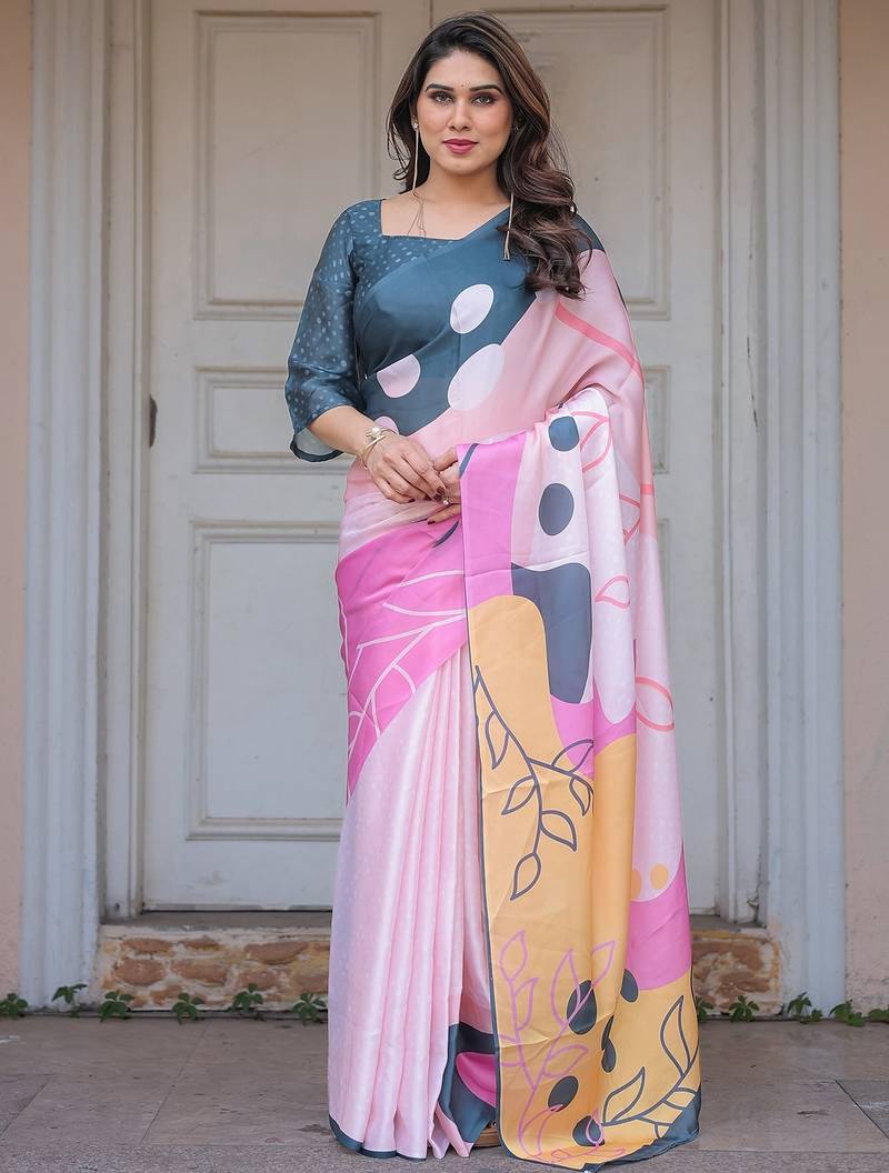 Stylish floral pattern satin georgette saree with blouse piece
