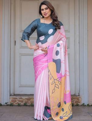 Stylish floral pattern satin georgette saree with blouse piece 2