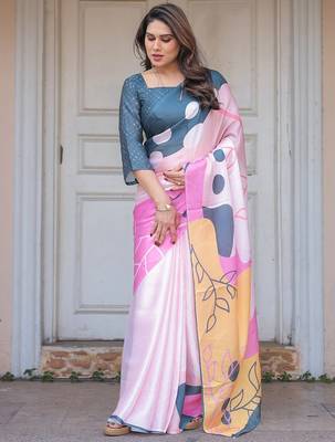 Stylish floral pattern satin georgette saree with blouse piece 3