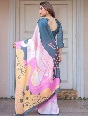 Stylish floral pattern satin georgette saree with blouse piece 4