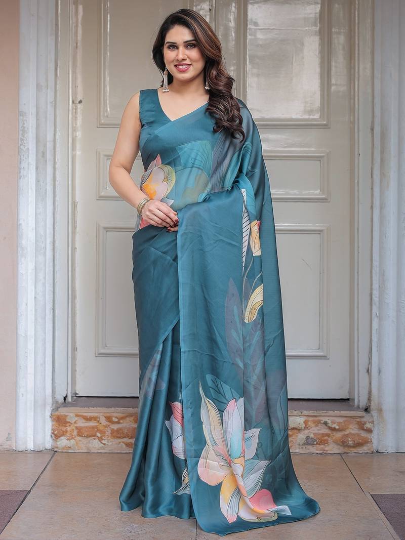 Lightweight satin georgette floral printed saree for women