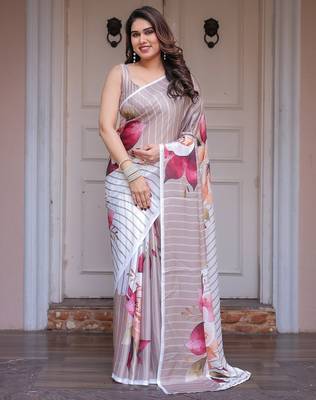Designer floral satin georgette saree with attached blouse piece 1