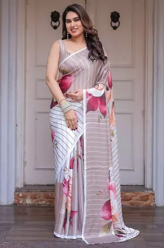 Designer floral satin georgette saree with attached blouse piece