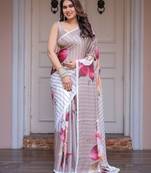 Designer floral satin georgette saree with attached blouse piece