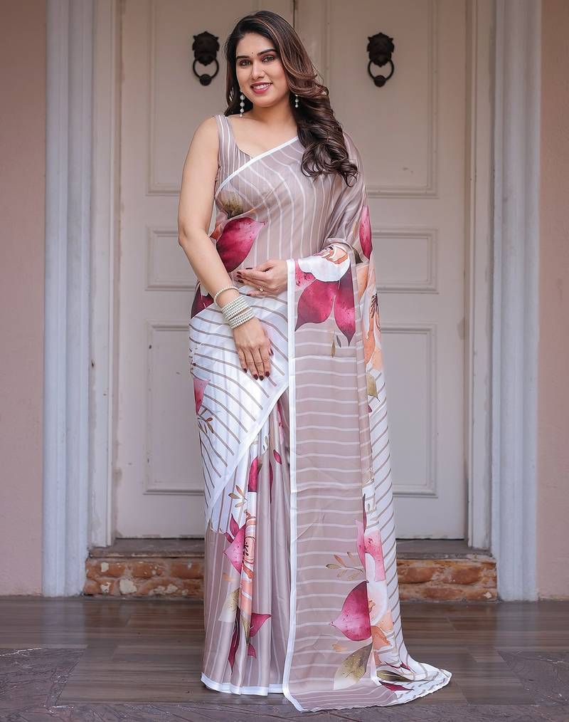 Designer floral satin georgette saree with attached blouse piece