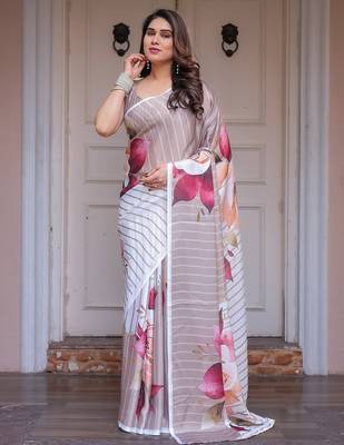 Designer floral satin georgette saree with attached blouse piece 2