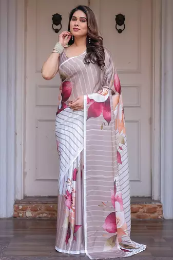 Designer floral satin georgette saree with attached blouse piece