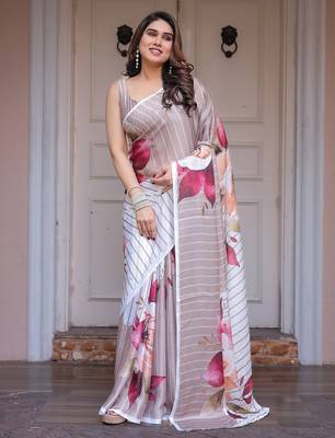 Designer floral satin georgette saree with attached blouse piece 3