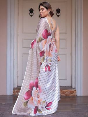 Designer floral satin georgette saree with attached blouse piece 4