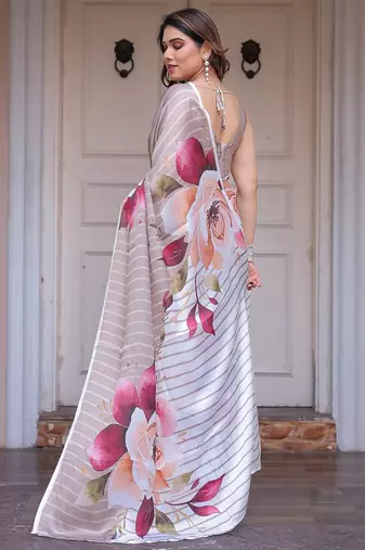 Designer floral satin georgette saree with attached blouse piece