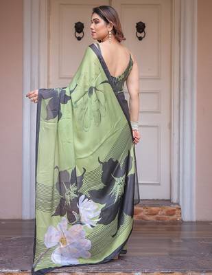 Soft satin georgette floral print saree for festive & party wear 4