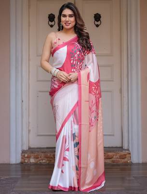 Women's floral designer satin georgette saree with blouse 1