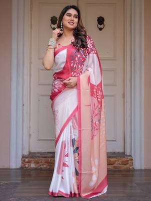 Women's floral designer satin georgette saree with blouse 2