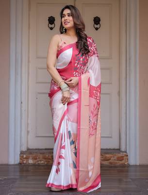 Women's floral designer satin georgette saree with blouse 3