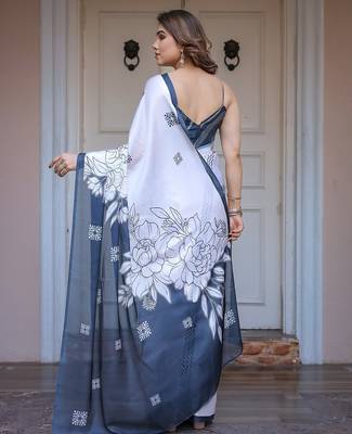 Fashion floral print satin georgette saree for women 4
