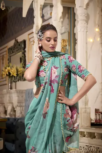 Green spectacular georgette printed with pearl lace saree with unstitched blouse