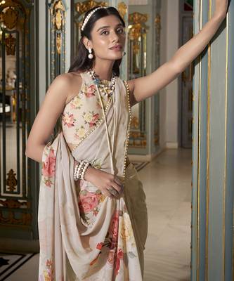 Off white spectacular georgette printed with pearl lace saree with unstitched blouse 2