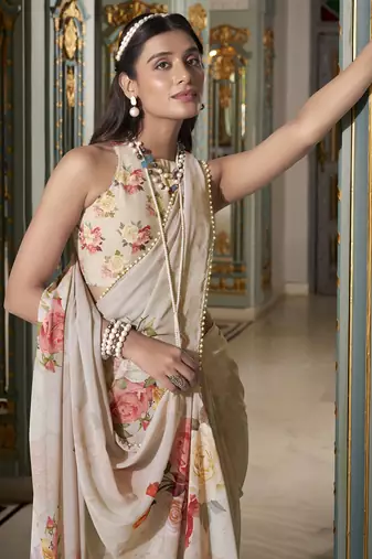 Off white spectacular georgette printed with pearl lace saree with unstitched blouse