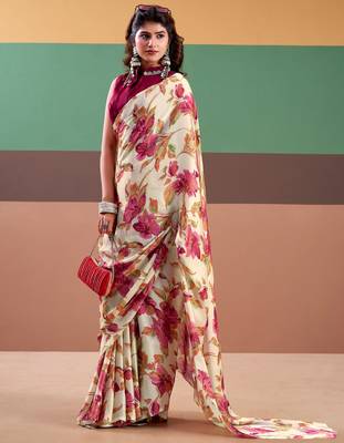 Pink satin silk floral printed saree with stitched blouse 1