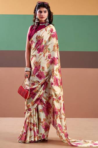 Pink satin silk floral printed saree with stitched blouse