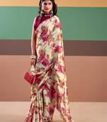 Pink satin silk floral printed saree with stitched blouse