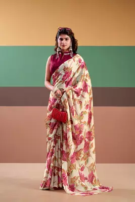 Pink satin silk floral printed saree with stitched blouse 2