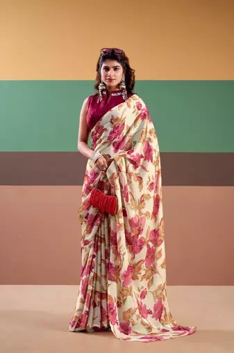 Pink satin silk floral printed saree with stitched blouse