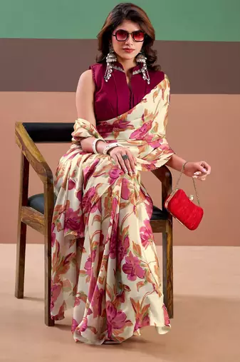 Pink satin silk floral printed saree with stitched blouse