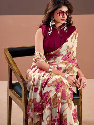 Pink satin silk floral printed saree with stitched blouse 4