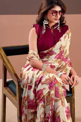 Pink satin silk floral printed saree with stitched blouse