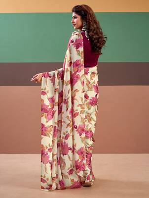 Pink satin silk floral printed saree with stitched blouse 5