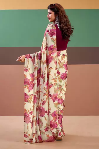 Pink satin silk floral printed saree with stitched blouse