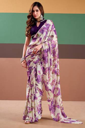 Purple satin silk floral printed saree with stitched blouse