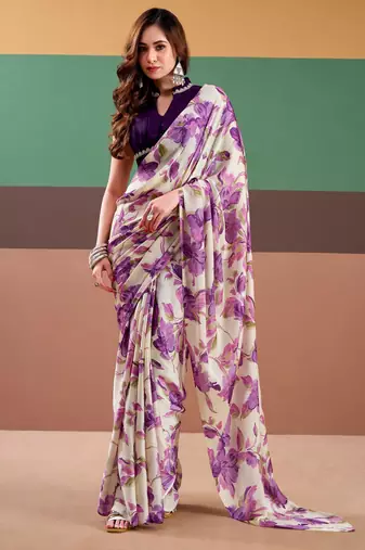Purple satin silk floral printed saree with stitched blouse