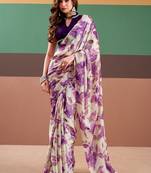 Purple satin silk floral printed saree with stitched blouse
