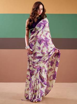 Purple satin silk floral printed saree with stitched blouse 2