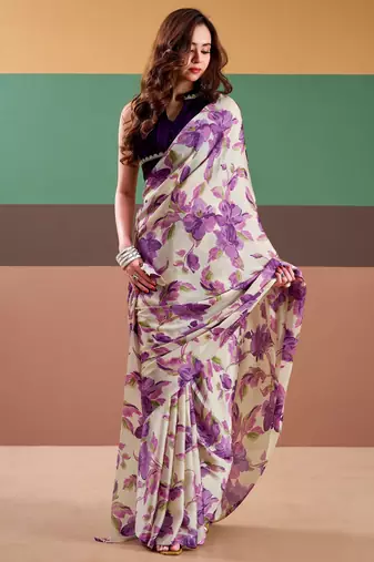 Purple satin silk floral printed saree with stitched blouse