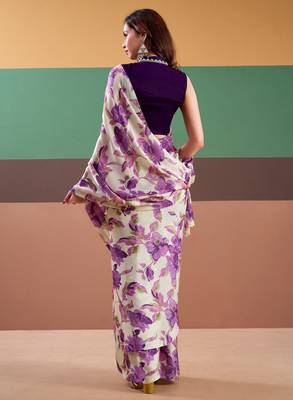 Purple satin silk floral printed saree with stitched blouse 4